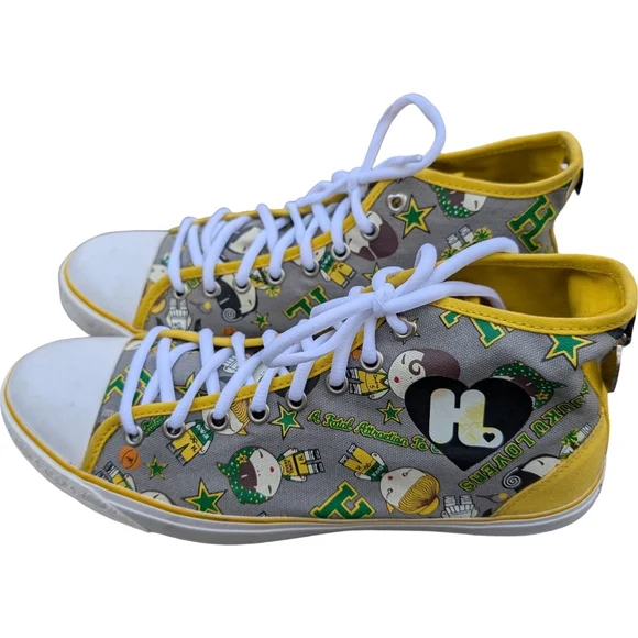Harajuku Lovers High Top Canvas Sneakers Yellow Gray Kawaii Print Size 10 - Picture 9 of 12